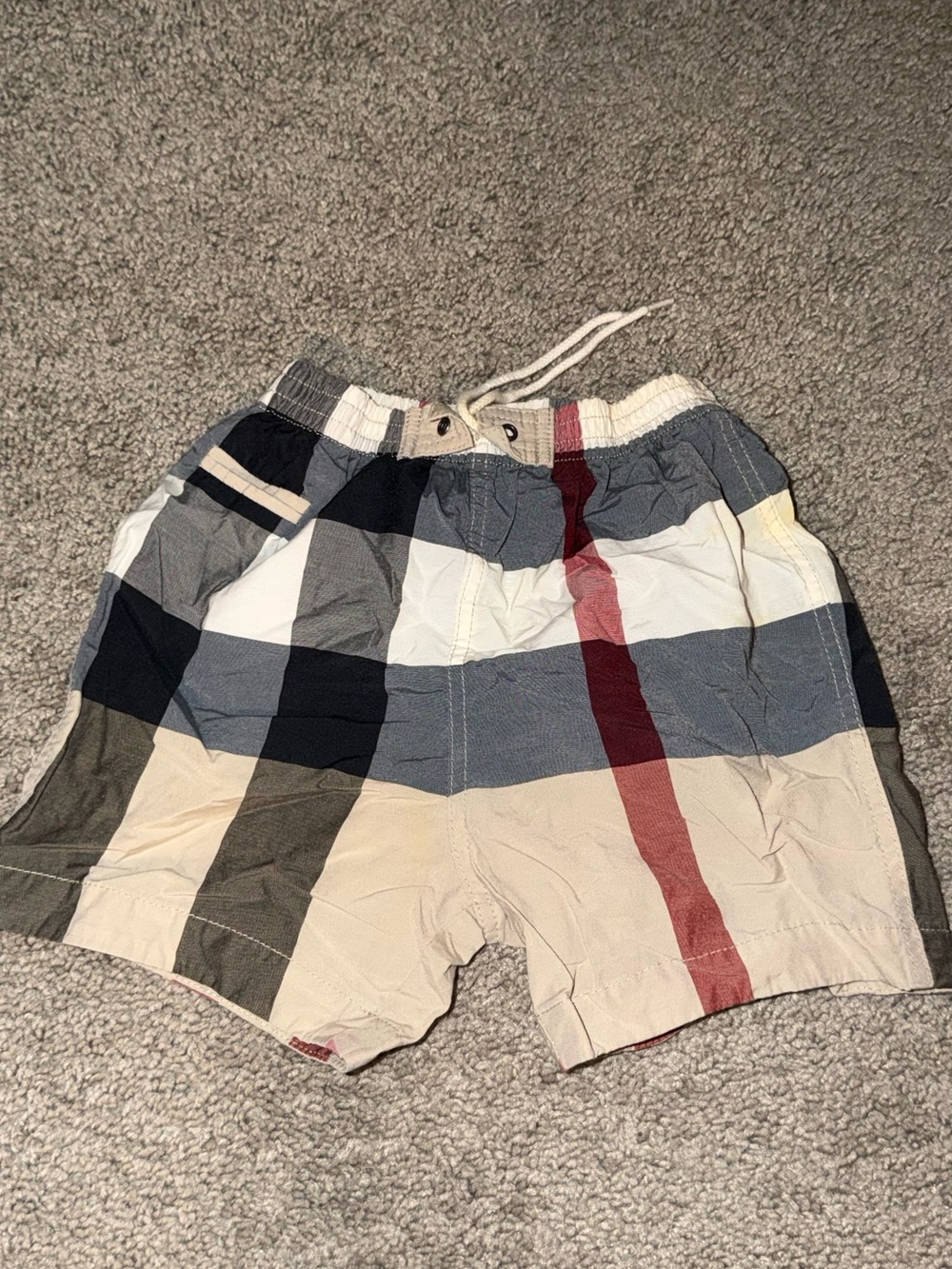 Burberry Boys Plaid Swim Trunks in Beige, Navy & Red
